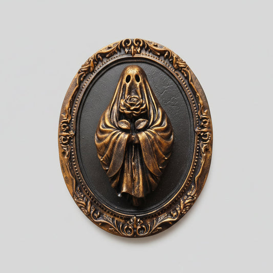 Gothic ghost holding rose wall frame in ornate baroque oval design