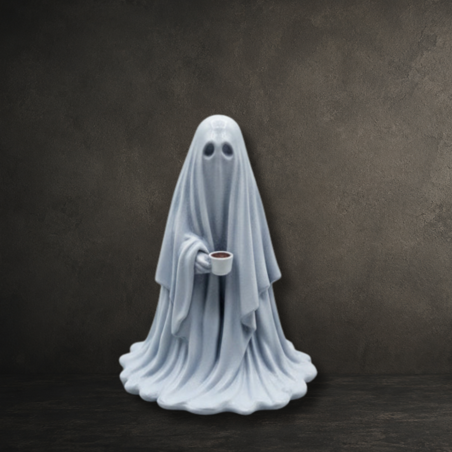 The Overworked hand painted 6cm ghost holding a coffee cup resin collectible by Darkmoon Designs.