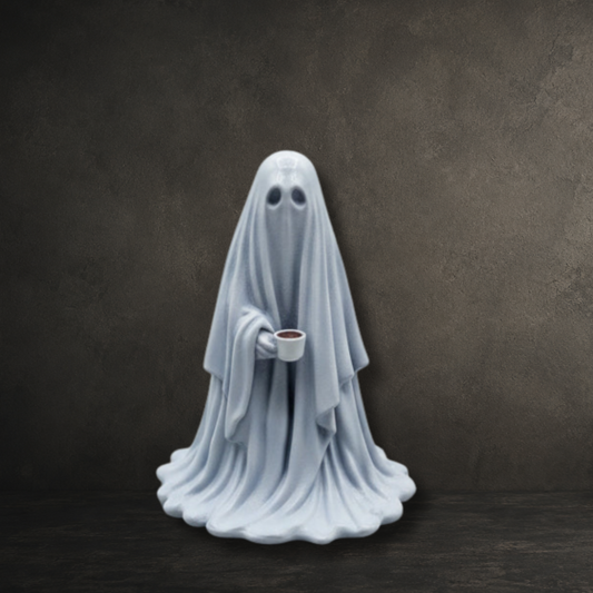 The Overworked hand painted 6cm ghost holding a coffee cup resin collectible by Darkmoon Designs.
