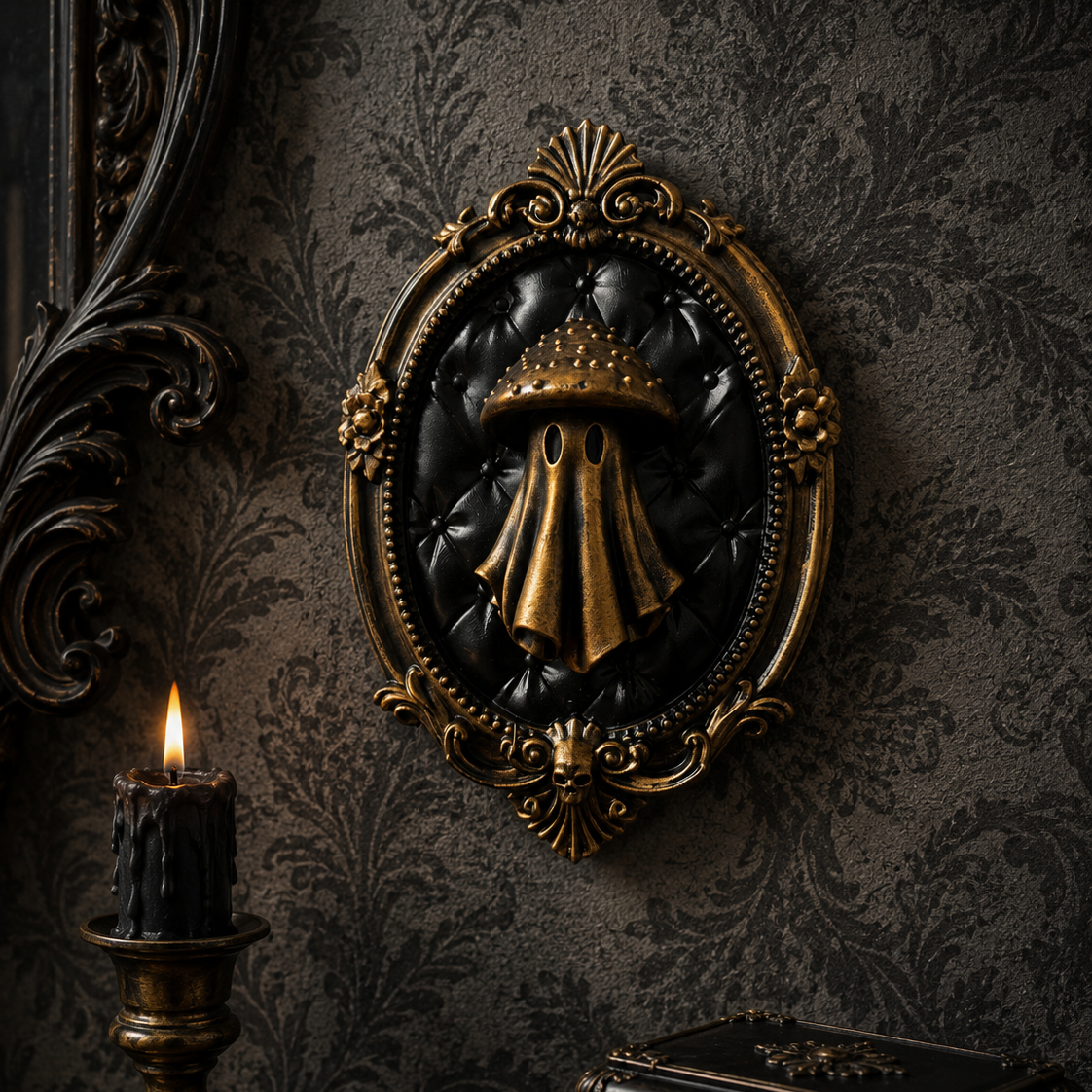 Bronze resin ghost frame featuring The Spore Warden design, depicting a mushroom ghost in a whimsical gothic wall art piece for alternative interiors.