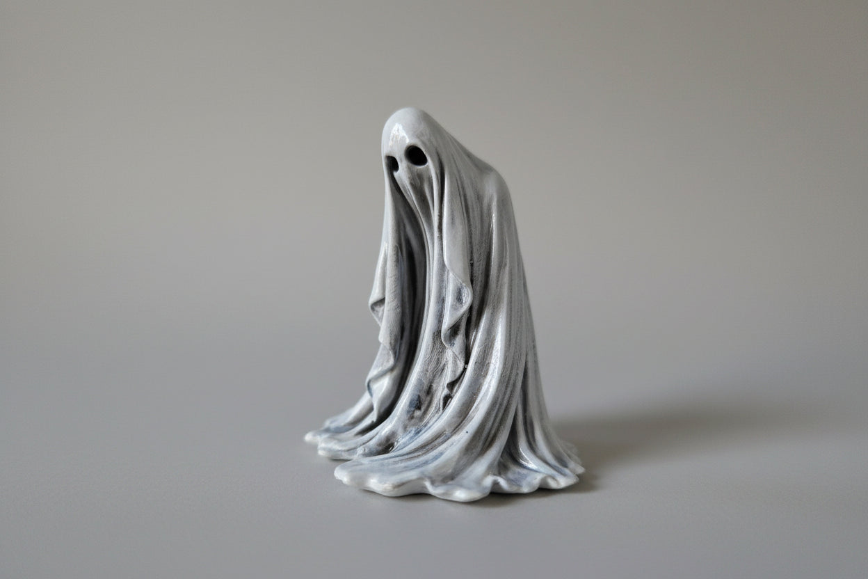 Close up of The Watcher ghost figurine highlighting eye detail and textured folds