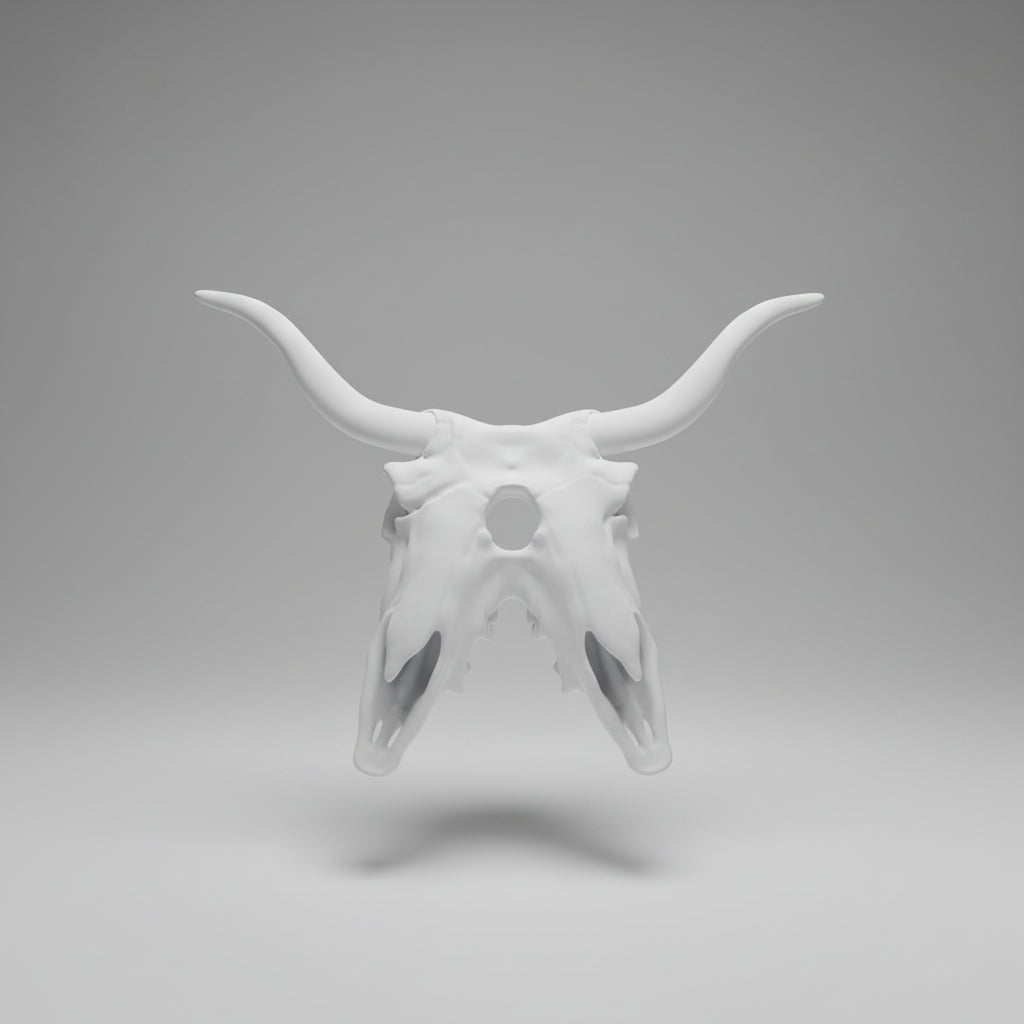 Front view of a bone white Two Headed Bull Shaman Mask with long curved horns and ritual inspired gothic detailing by Darkmoon Designs