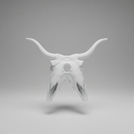 Front view of a bone white Two Headed Bull Shaman Mask with long curved horns and ritual inspired gothic detailing by Darkmoon Designs