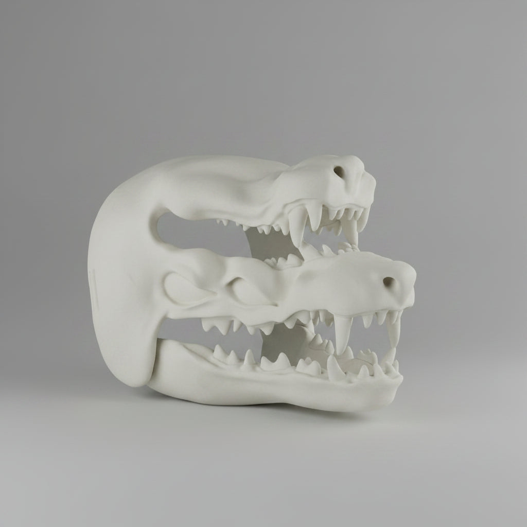 Front angled view of the Two Mouths Hound creepy demon monster mask with stacked snarling jaws and oversized fangs by Darkmoon Designs