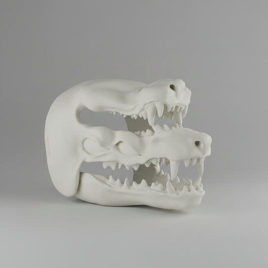 Front angled view of the Two Mouths Hound creepy demon monster mask with stacked snarling jaws and oversized fangs by Darkmoon Designs