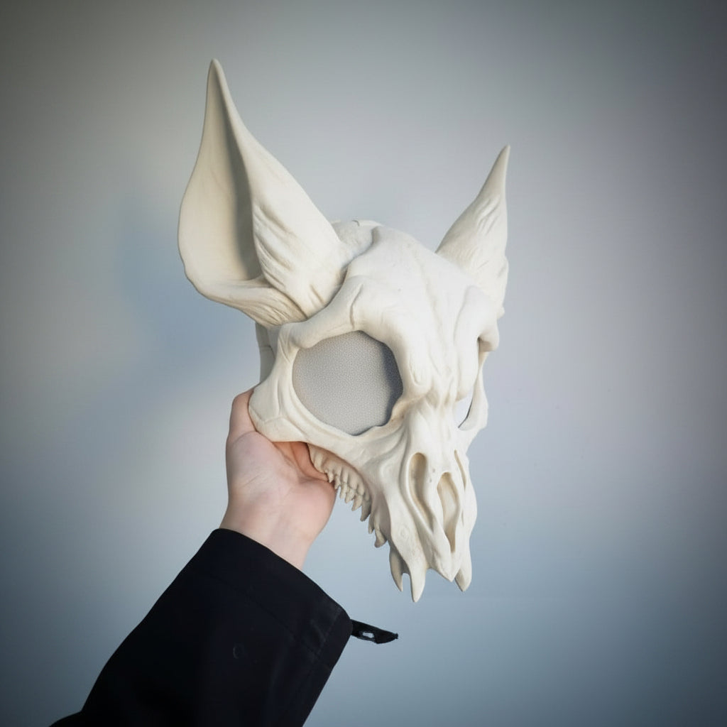 Bone white undead cat skull mask with oversized ears and gothic skeletal detailing by Darkmoon Designs
