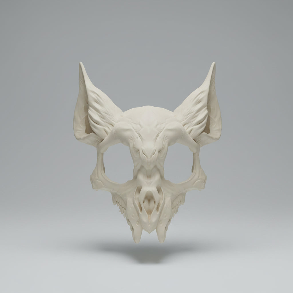 Unpainted undead cat skull mask with aged bone detailing, large ears, and dark fantasy styling by Darkmoon Designs.