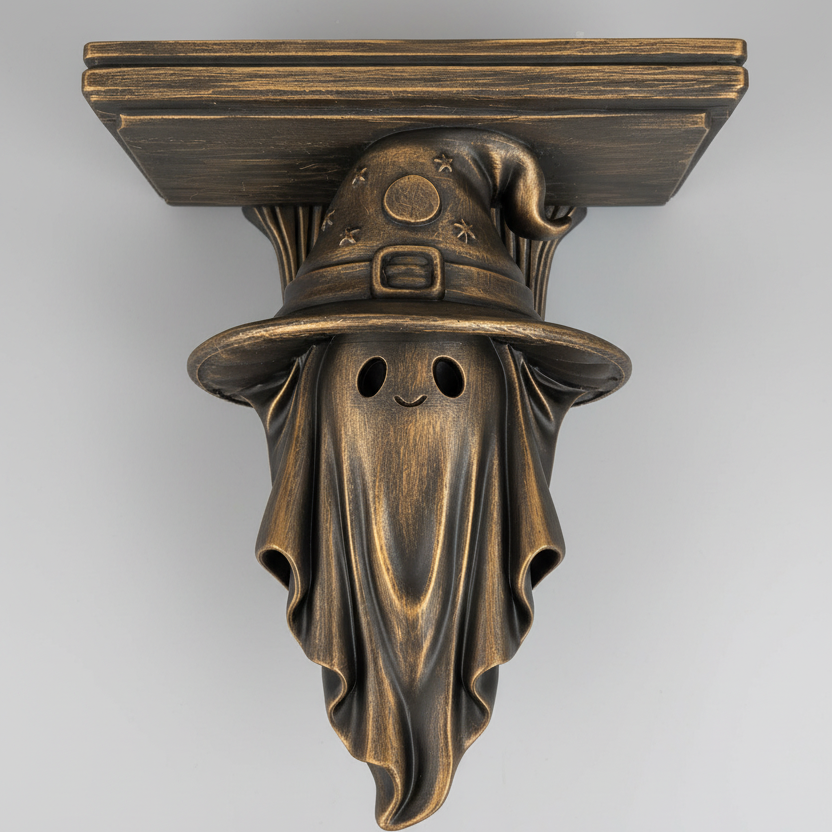 Wizard ghost shelf corbel in a dry brushed bronze finish featuring a floating ghost wearing a moon and star wizard hat.