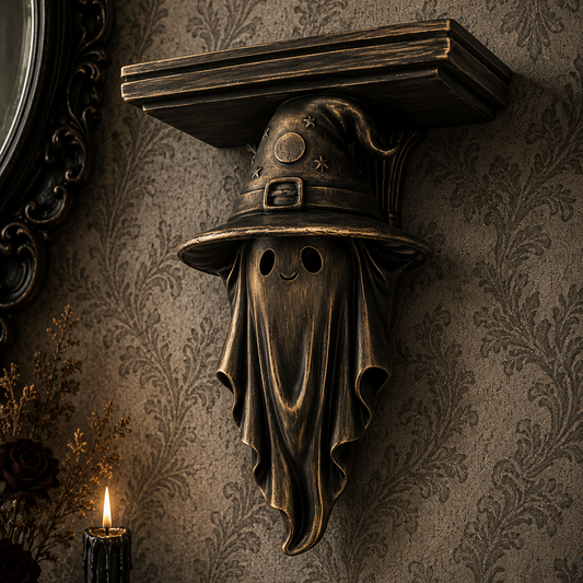 Wizard ghost shelf corbel featuring a ghost wearing a pointed wizard hat, designed to support floating shelves while adding gothic character to alternative interiors.